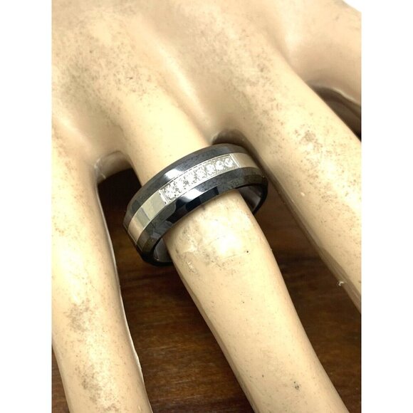 Wedding Band Stainless Steel Ceramic Cubic Zirconia 8mm Unisex Ring Size 9 - Picture 6 of 15